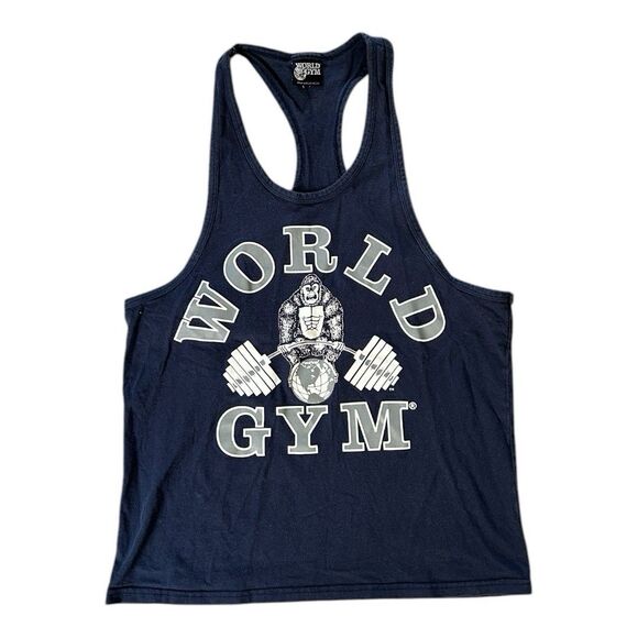 World Gym Navy Blue Workout Bodybuilder Gorilla Muscle Tank Top Medium Made USA - Picture 1 of 6